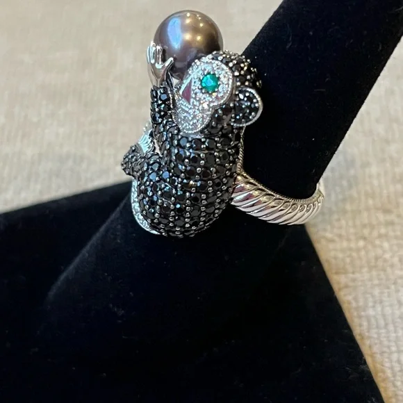 Sterling Silver Black Spinel Monkey Ring Size 7